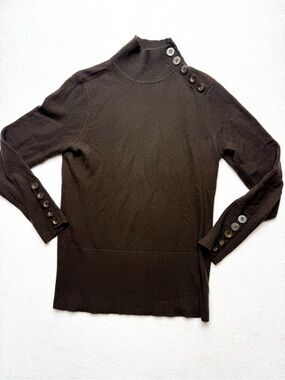 Cashmere Anne Klein Dark Brown Mock Neck Sweater with Shoulder Button Detail